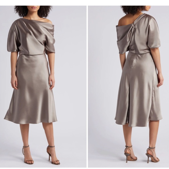 AMSALE: One-Shoulder Fluid Satin Cocktail Midi Dress (NWT)